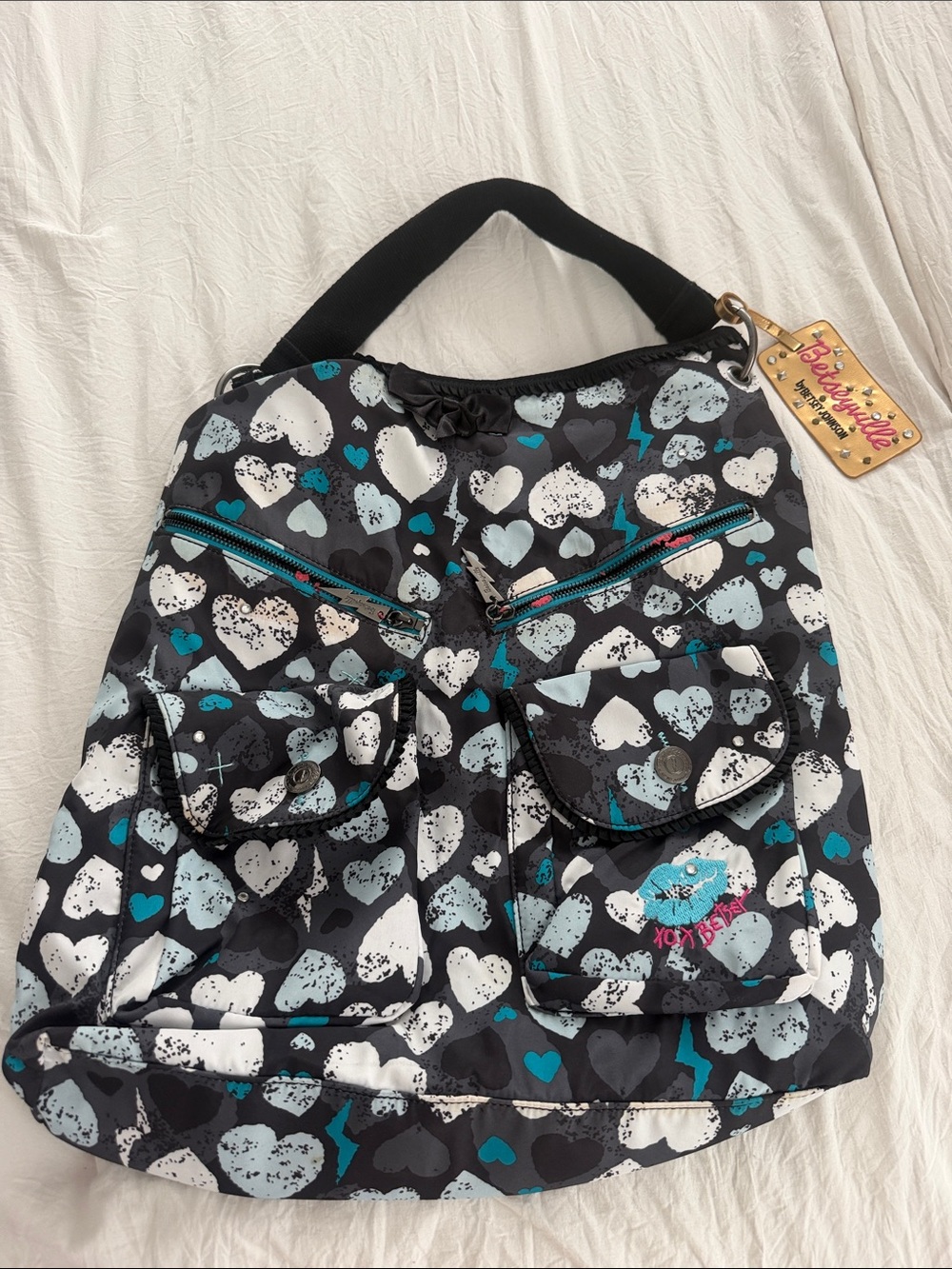Betsey Johnson Black, White & Teal Heart Print Shoulder Bag